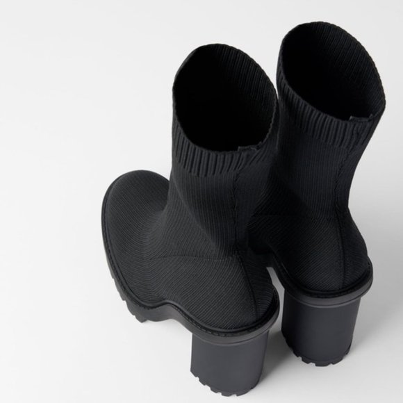 Zara Black Sock Style Heeled Ankle Boots With Lug Soles, 7.5 - Picture 14 of 15